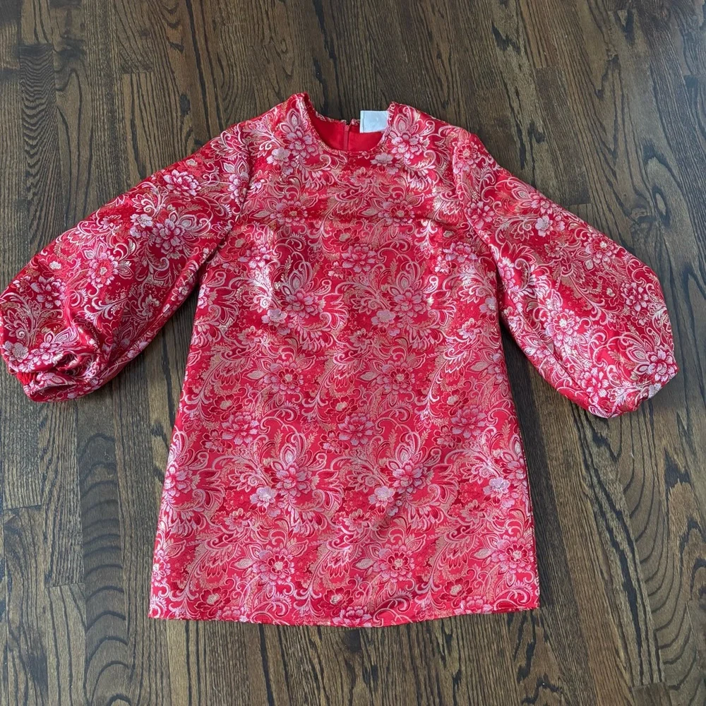 Hyacinth House Red Jacquard Janie Mini Dress ballon Sleeve NWT large - Picture 6 of 12